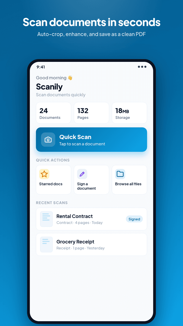 Scanily home screen showing recently scanned documents
